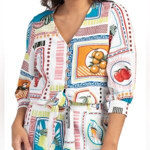 RACHEL ZOE Linen Blend Printed Sustainable Quarter Sleeve Top